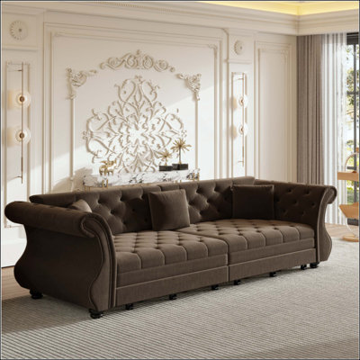 Chesterfield Pull Out Sofa Bed, Classic Roll Arm Velvet Couch With Flower Tufting,Upholstery For Living Room/Bedroom/Apartment