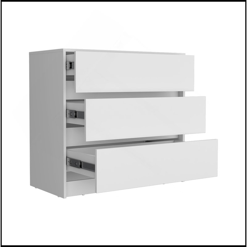Commode Maldus, trois tiroirs, finition blanche, Blanc