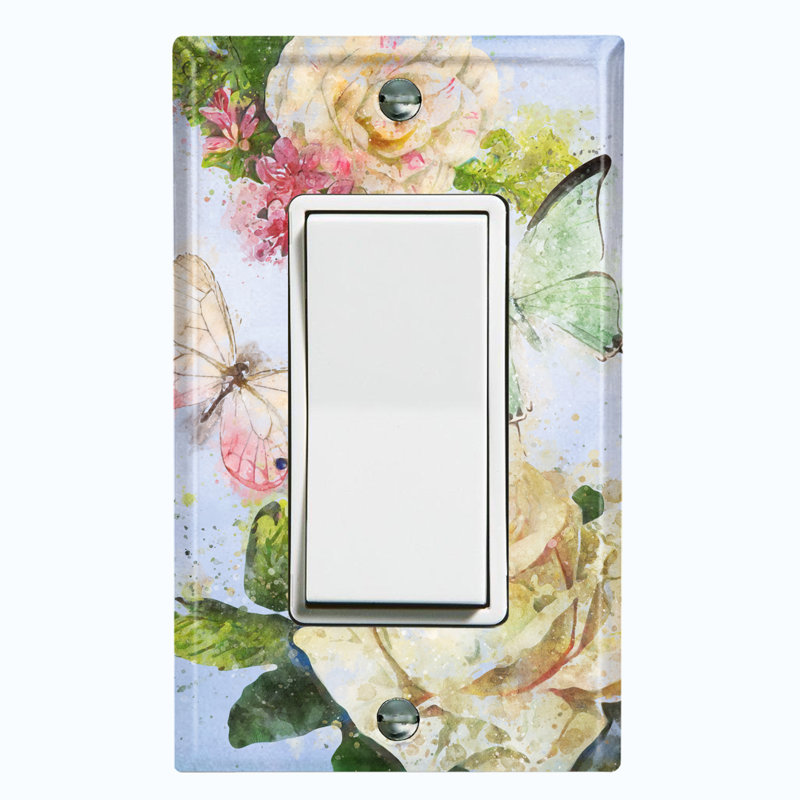 Flower Rose Butterfly 2 Patterned 1 - Gang Rocker Standard Wall Plate, Blue