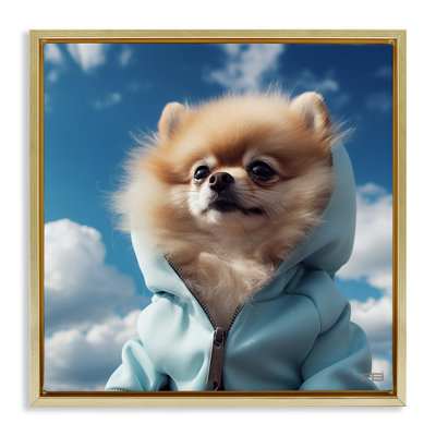 Pomeranian Dog & Clouds Gold Framed Floater Canvas Wall Art by Roozbeh Bahramali