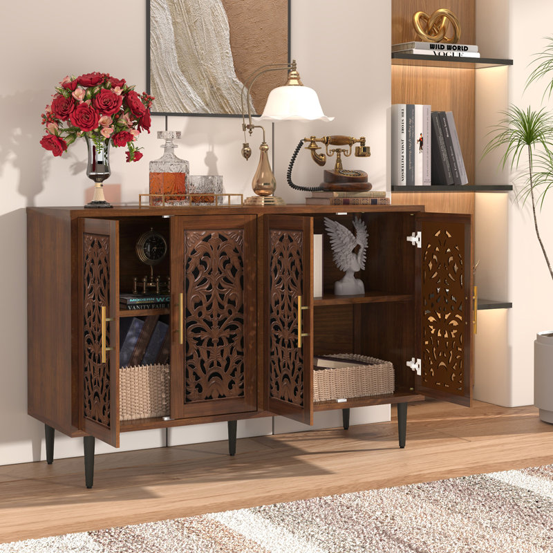 Jazarian 48" Hollow Carved Sideboard Buffet Cabinet, Brown