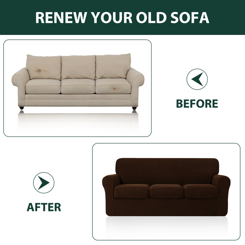 Textured Grid Soft Stretch Separate Box Cushion Sofa Slipcover, 104cm H x 235cm W x 107cm D, Chocolate