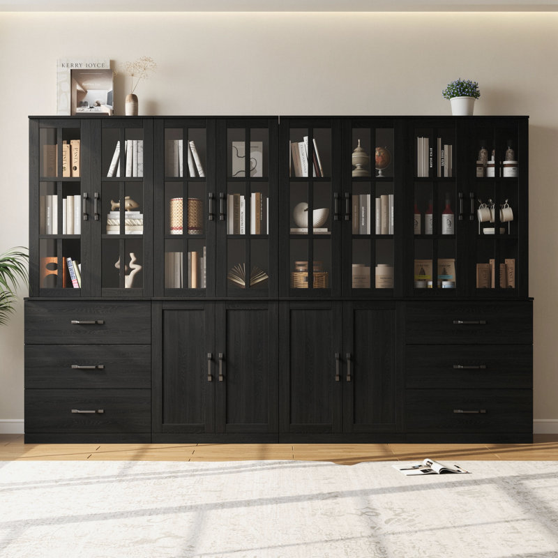 71" H X 94.4" W Bookcase Cabinet With Glass Doors And Large Storage Drawers(2C+2D), Black