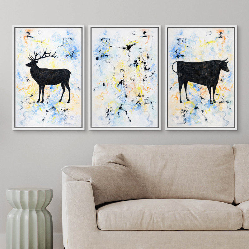 «Modern Modern Animal Silhouette» cerf et taureau, reproduction d'art contemporain sur toile encadrée, œuvre d'art de 3 pièces
