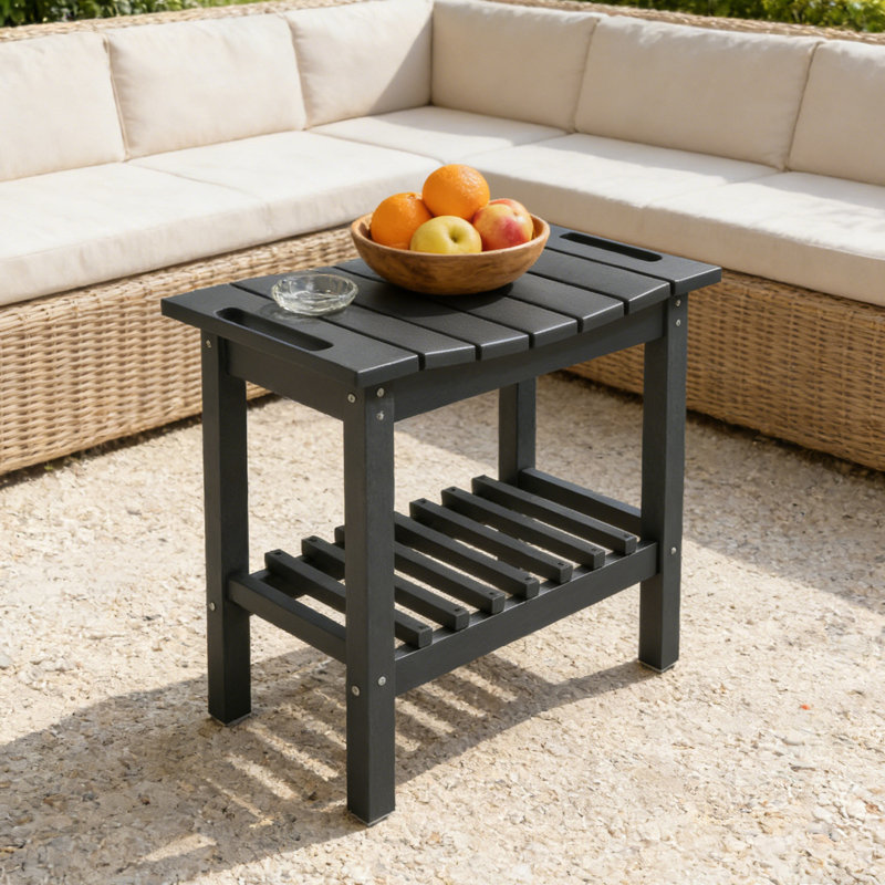 Indoor Outdoor HDPE Shower Bench with Handles Storage Shelf and Non-Slip Feet, Black