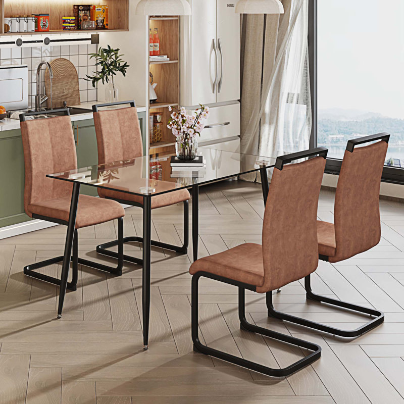 Pieds de table en métal avec 4 chaises en verre trempé, Brun