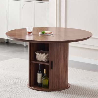 Round Dining Table with Two Layers of Storage Shelves. Wood Tea Desk, Flexible-opening Storage Door. Large storage space, Living Room or Kitchen
