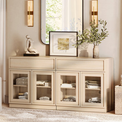 Modern Accent Cabinet with 4 Glass Doors and Drawer, Multifunctional Accent Chest with Large Storage and Adjustable Shelf