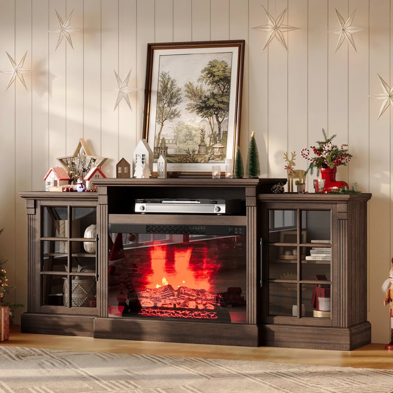 Meuble télé Chiara 70 po (178 cm) de large avec foyer, pour téléviseurs jusqu'à 75 po (190 cm) et grand espace de rangement, brun rustique