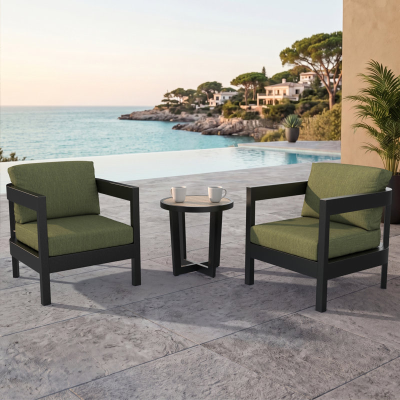 Ensemble de conversation d'extérieur moderne 3 pièces avec dossier arrondi et coussins Sunbrella, Sunbrella® toile noire