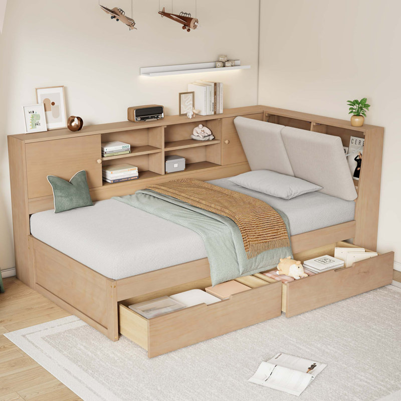 Lit de jour en bois en L simple avec tiroirs d'angle sous le lit avec bibliothèque de rangement, tête de lit tapissier et ports de chargement USB
