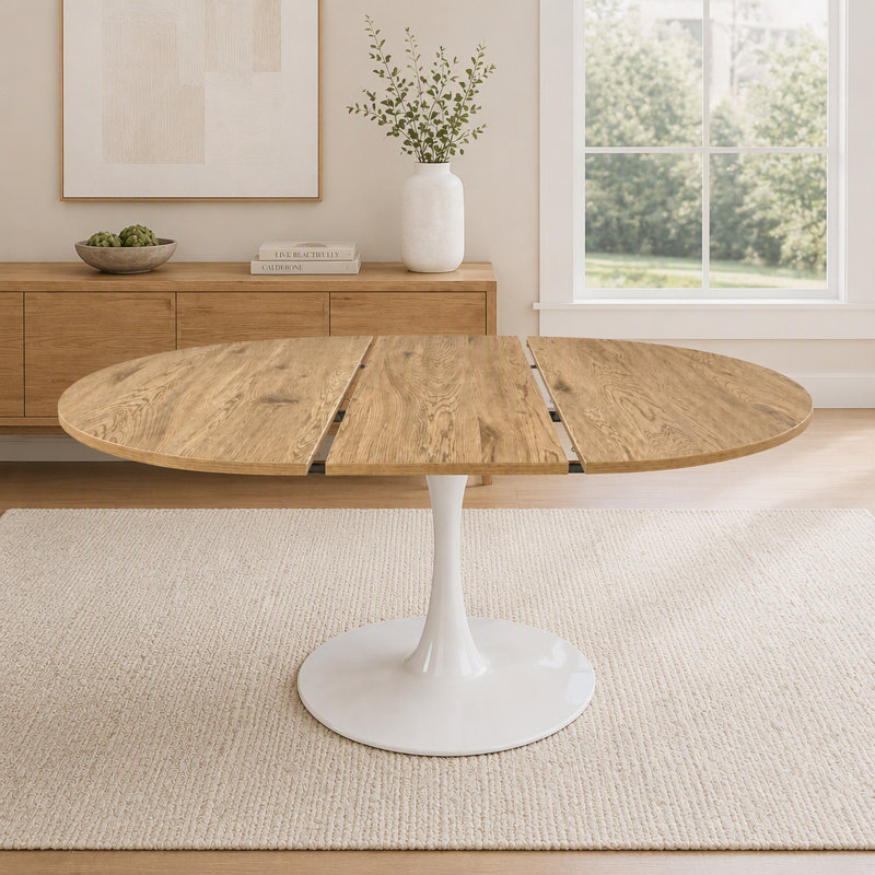 Table de salle à manger ronde extensible avec piédestal en métal, Beige + naturel clair