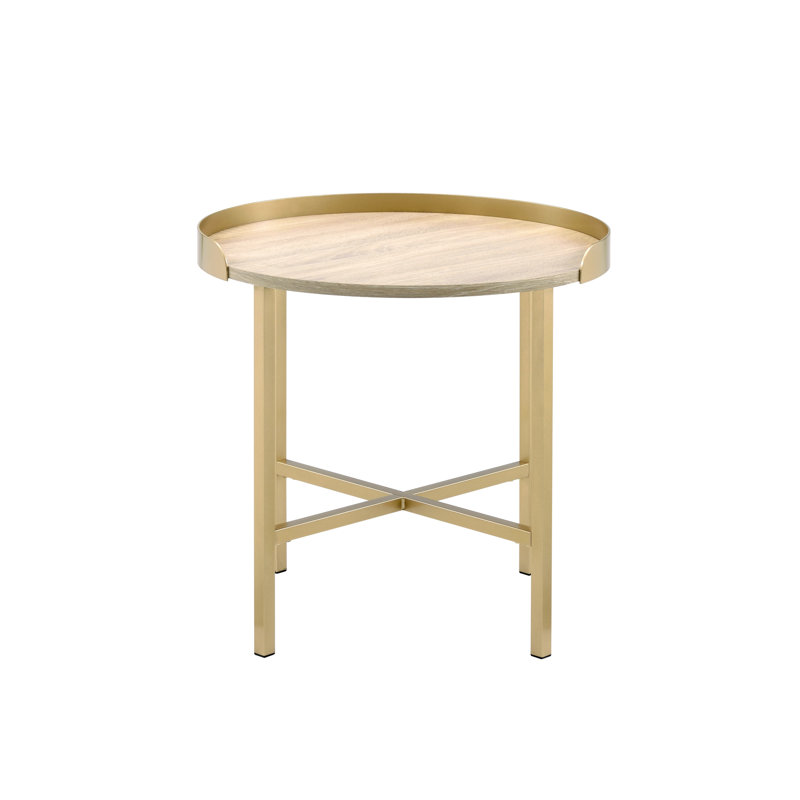 Table de bout ronde moderne de couleur chêne et or - embellit l'espace de vie en bois et en métal rehausse le design de la maison