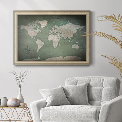 Push Pin Travel Map - Vintage World Map Framed Canvas Wall Art Print