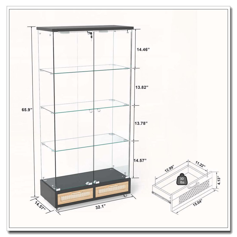 Vitrine moderne en verre avec 2 grands tiroirs et lumières DEL, Naturel/noir