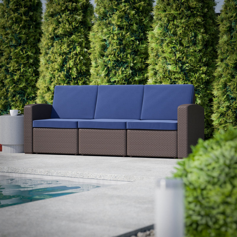 Alderman Faux Rattan Sofa with All-Weather Cushions, Brown/Navy