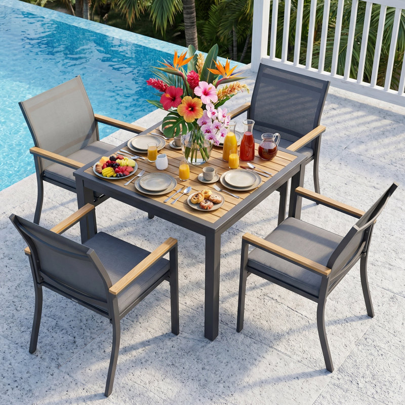 Ensemble de salle à manger 5 pièces en aluminium Abshire, table et chaises d'extérieur pour 4 personnes avec plateau HDPS carré, ensemble repas pour patio toutes saisons