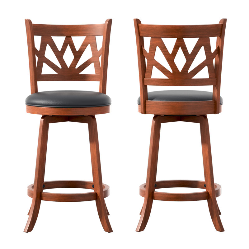 Tabouret pivotant rembourré avec structure en bois massif, Brun, Tabouret de comptoir (siège d'une hauteur de 24 p