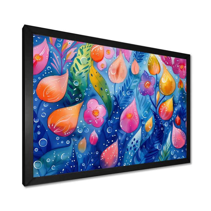 «Pink Blue Flowers Under Water I - Aquariums», reproduction d'art mural, Cadre simple noir, H 16 po x l 32 po