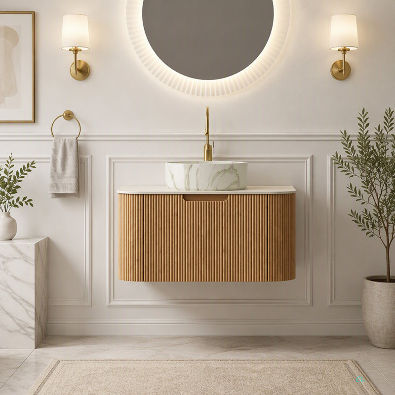 Meuble-lavabo de salle de bain 30 po, meuble-lavabo rayé à bords arrondis avec tiroir, lavabo rond en céramique avec motif en pierre et plateau en pierre frittée à motif de travertin, pré-assemblé