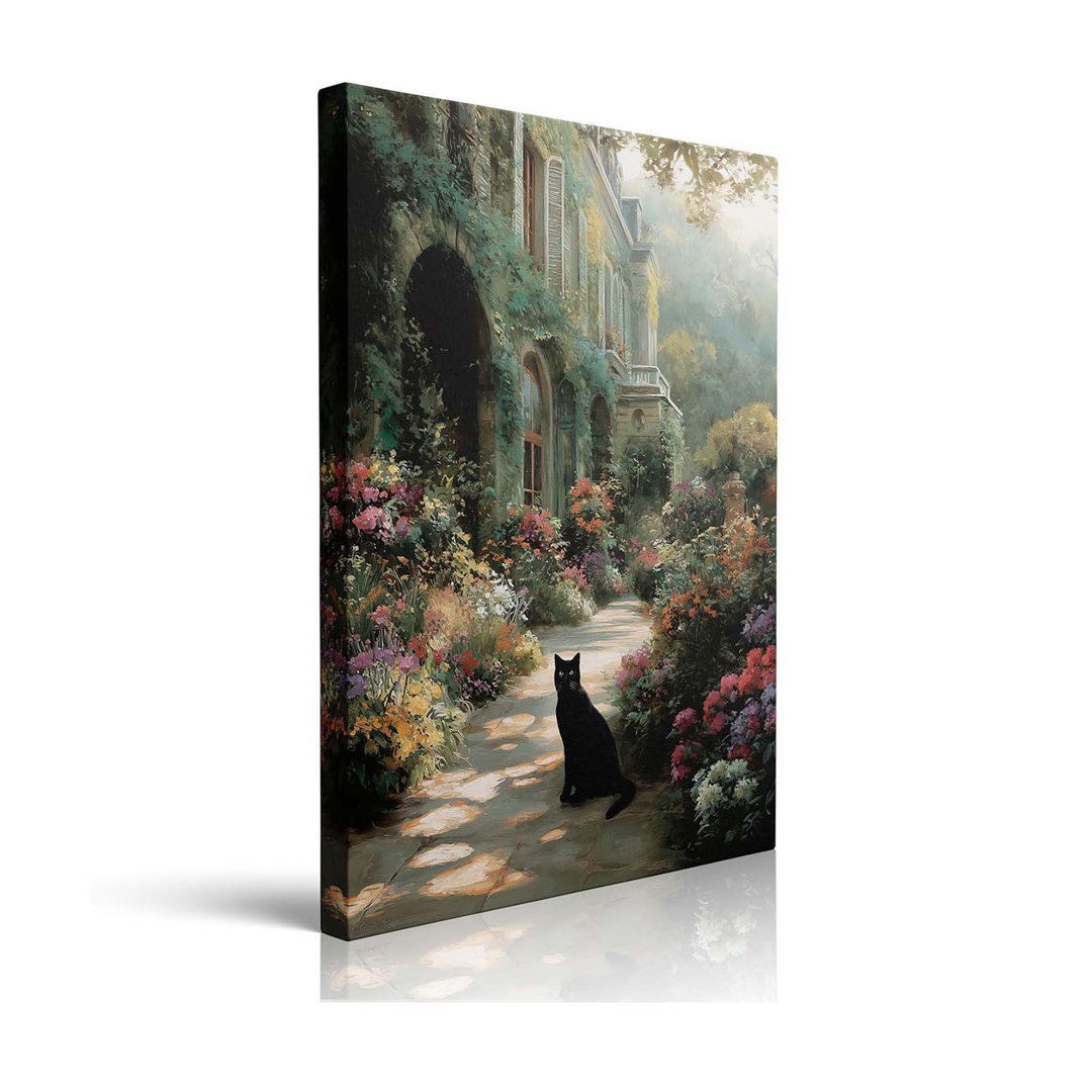 Vintage Rustic Garden Scene With Cat And Ivy Clad House Canvas Wall Art Framed Floral Landscape Painting Wall Decor For Country Farmhouse Home Cozy Li