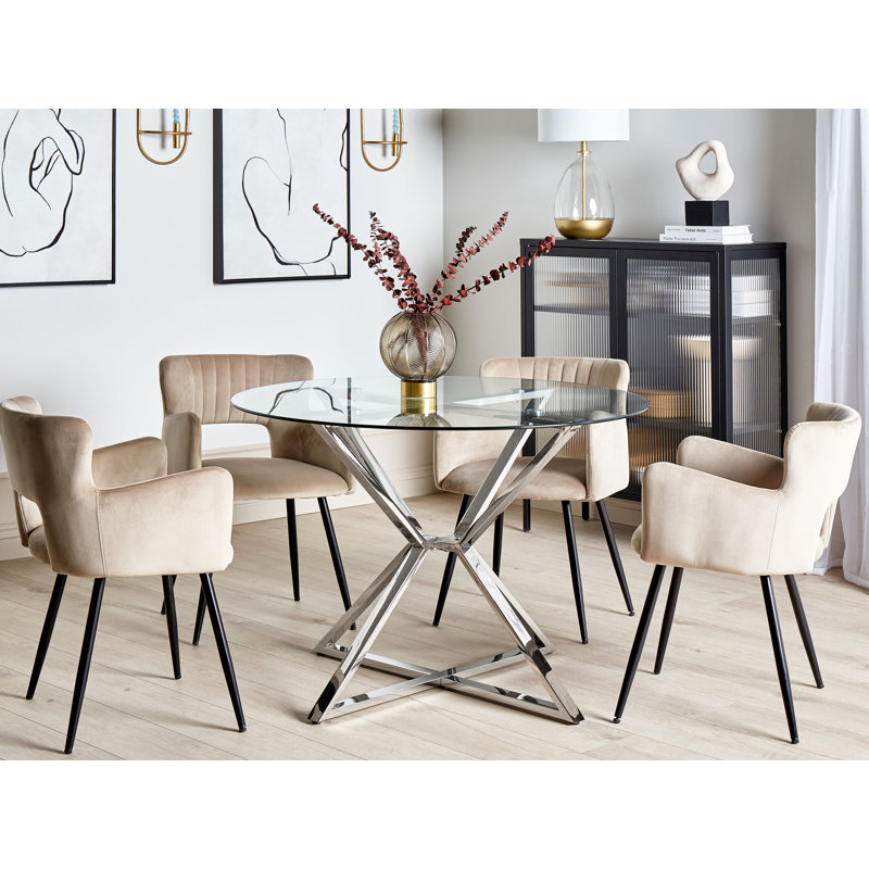 Chatom Round Glass Top Metal Base Dining Table, Transparent, Silver