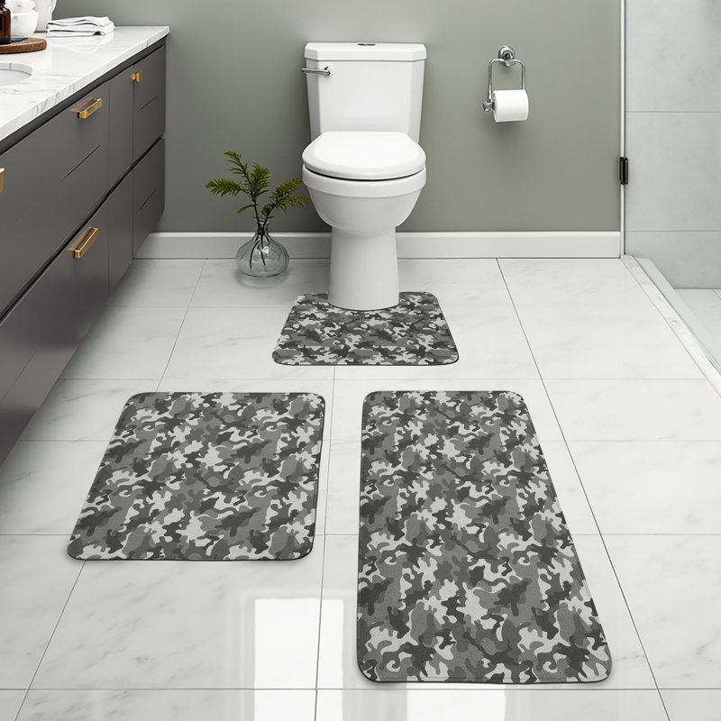  Ensemble de tapis de salle de bain camouflage 3 pièces en U et tapis rectangulaires gris noix de coco