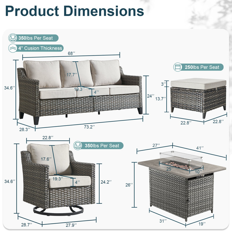 Arlene 6-Piece Outdoor Wicker Sofa Seating Group With Fire Pit Table, Swivel Chairs & Ottomans, Beige