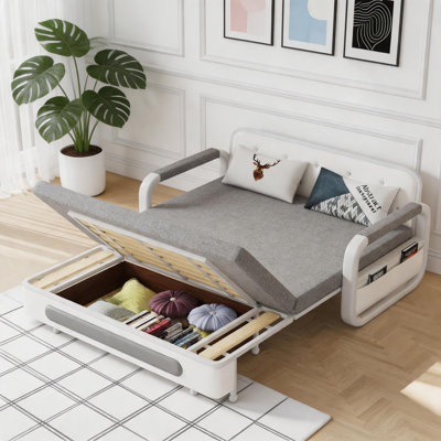 Convertible Sofa Bed with Storage, 3-in-1 Sleeper for Small Spaces, Grey Fabric & White Frame, Includes Latex Mattress Great for Living Rooms & Flats (1.58m Sizes)