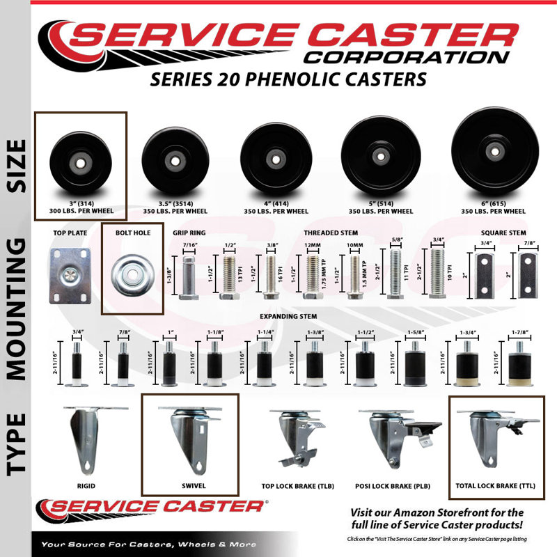 3 Inch Phenolic Wheel Swivel Bolt Hole Caster Set with 2 Total Lock Brake SCC/SCC-BHTTL20S314-PHR-2-S-2