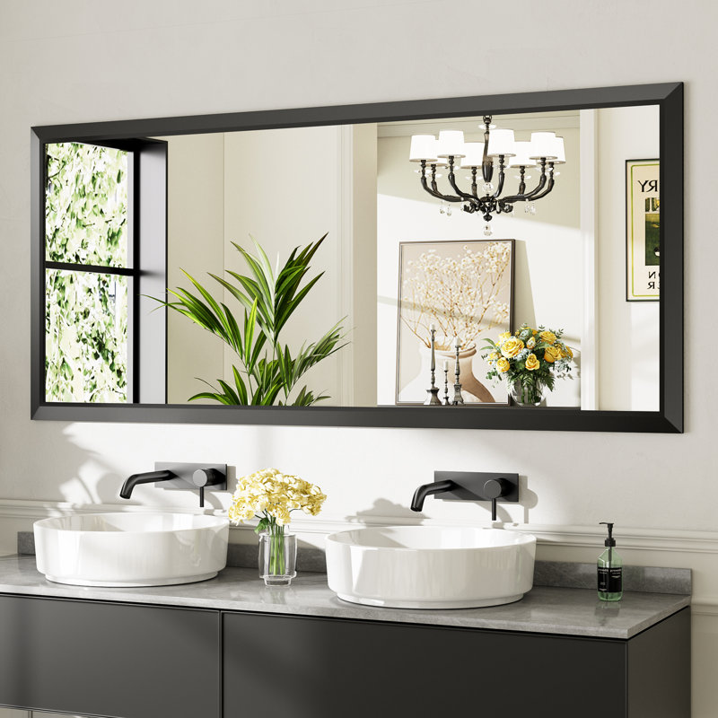 Miroirs de salle de bain modernes et contemporains en métal biseauté rectangulaire / carré avec verre trempé HD, Noir mat