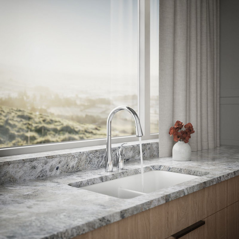 Simplice Pull Down Kitchen Sink Faucet with Three-Function Sprayhead, Two-Hole Installation, Polished Chrome