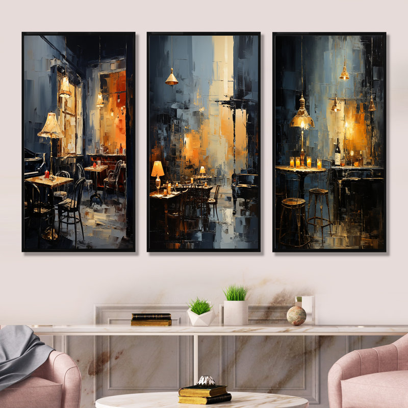 Ensemble de 3 décorations murales jaunes et grises Jazz Cafe Melody I - Music Jazz, Cadre flottant noir, H 40 po x l 60 po