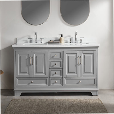 Meuble-lavabo double autoportant de 60 po avec pierre artificielle entièrement assemblé