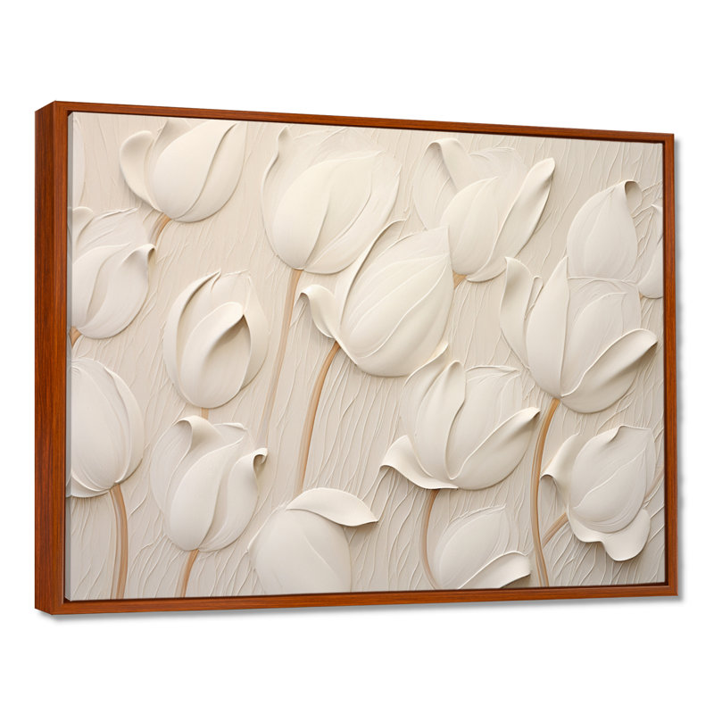 Minimalisme, tulipes blanches symphonie - tulipes, art mural, Reproduction avec cadre flottant, H 30 po x l 40 po, Brown
