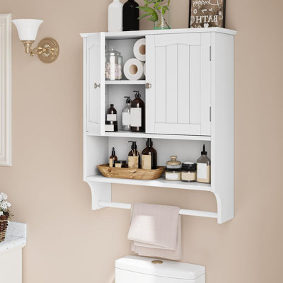 White Bathroom Wall Cabinet with 2 Doors and Adjustable Shelf, Bathroom Cabinet, Wall Mount, Towel Rack, Over The Toilet Storage Cabinet, Medicine Cabinet