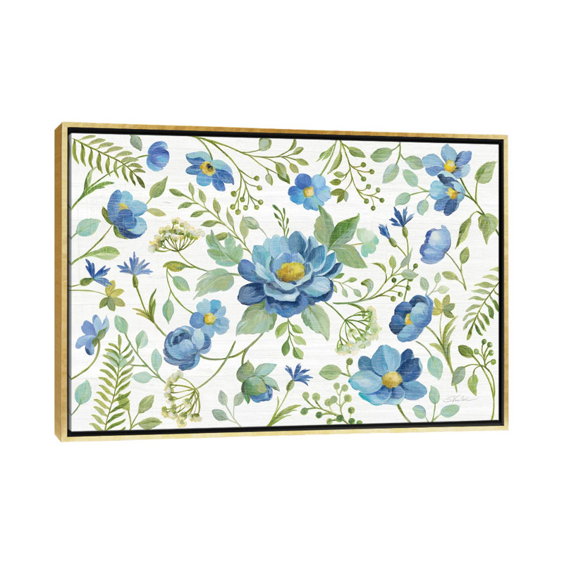 «Botanical Blue I» par Silvia Vassileva - impression d'art graphique, Pas de tapis, Toile encadrée d'or