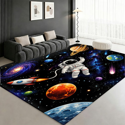 Tapis lavable Space Astronaut Rocket Galaxy, motif planètes et étoiles, surface velours, doux et antidérapant, décoration intérieure moderne pour salon, chambre, entrée, bureau, balcon, appartement