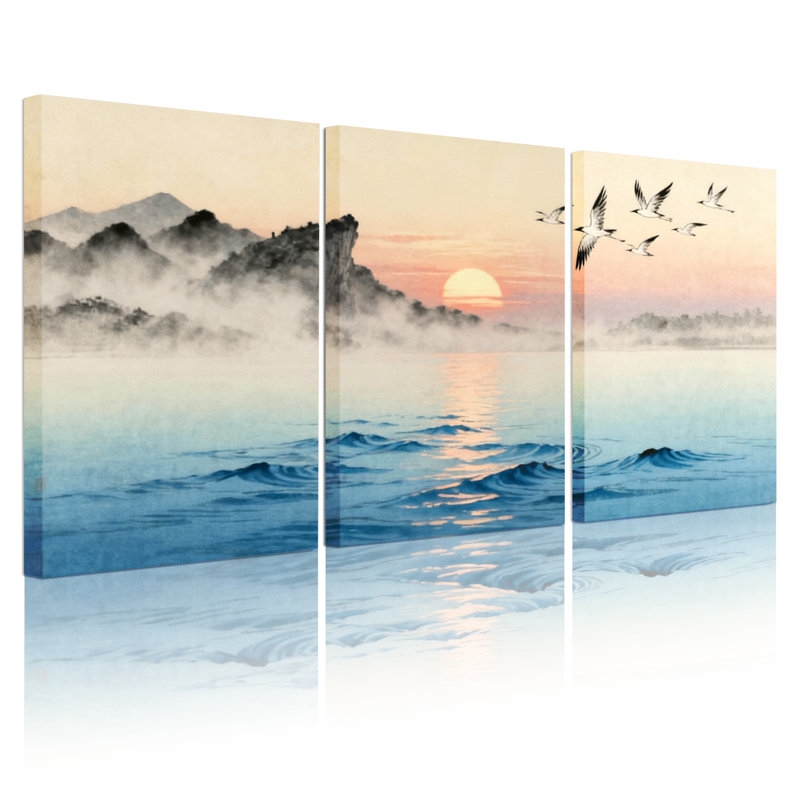 Nautical & Beach Sunset Mountains Mist Water Birds Sky Reflection Peace Set of 3 Canvas Wall Art Prints, 24" H x 48" W