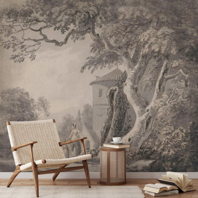 Pastoral Figures Tower Courtyard Scenic Wall Mural for Home Decor