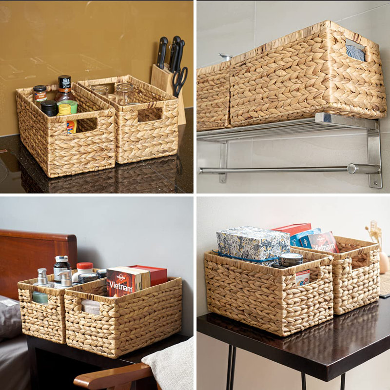 Set Of 6 Natural Water Hyacinth Woven Storage Baskets 12.6” X 8” X 7”, Rectangular Wicker Basket With Built-In Handles, Medium (Natural - Set Of 6)