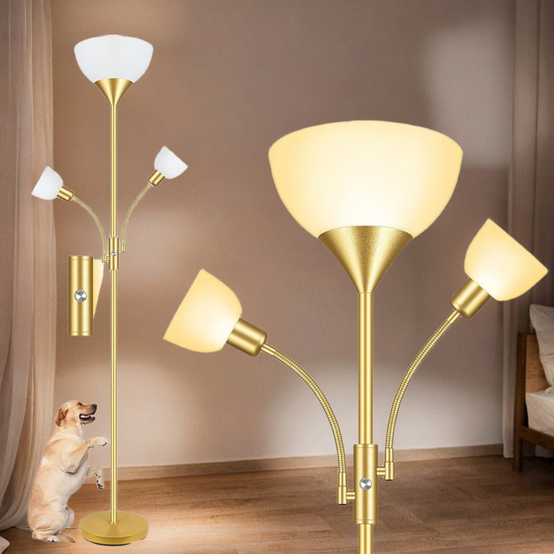 Modern LED Floor Lamp With Adjustable Reading Lights, 9W Torchiere And 4W Side Lamps, 2700K Warm White, 50,000 Hours Lifespan, Rotary Switch, 71" Tall Standing Light For Living Room And Bedroom