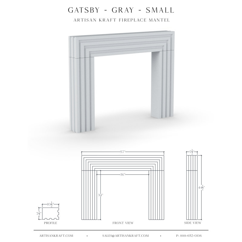 Gatsby Cast Stone Fireplace Surround, Gray, 57"