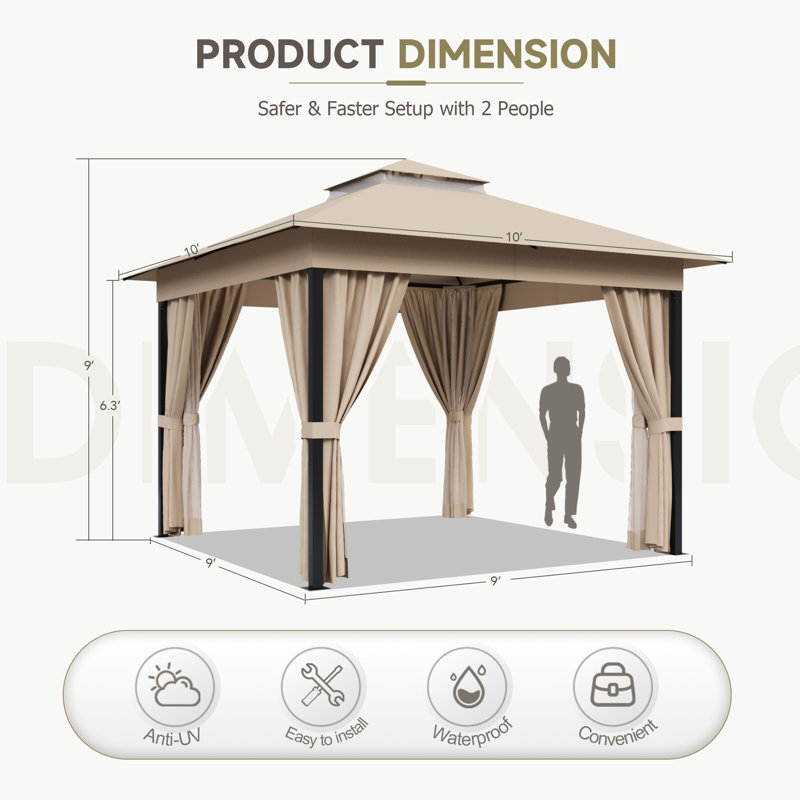 10 Ft. W x 10 Ft. D Soft Top Steel Patio Gazebo with 2-Tier Canopy and Zippered Mesh Netting for Outdoor, Patio, Garden, and Backyard Activities