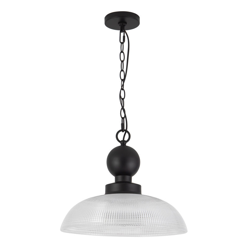 Luminaire suspendu noir 16 po avec verre côtelé transparent, Noir