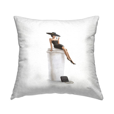 Stupell Industries Glam Fashion Woman Sipping Coffee Chic Dress Outdoor Printed Pillow by Ziwei Li
