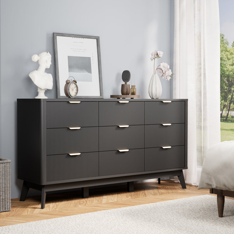Fluted 9 Drawers Dresser, 59''w 9 Drawers Black