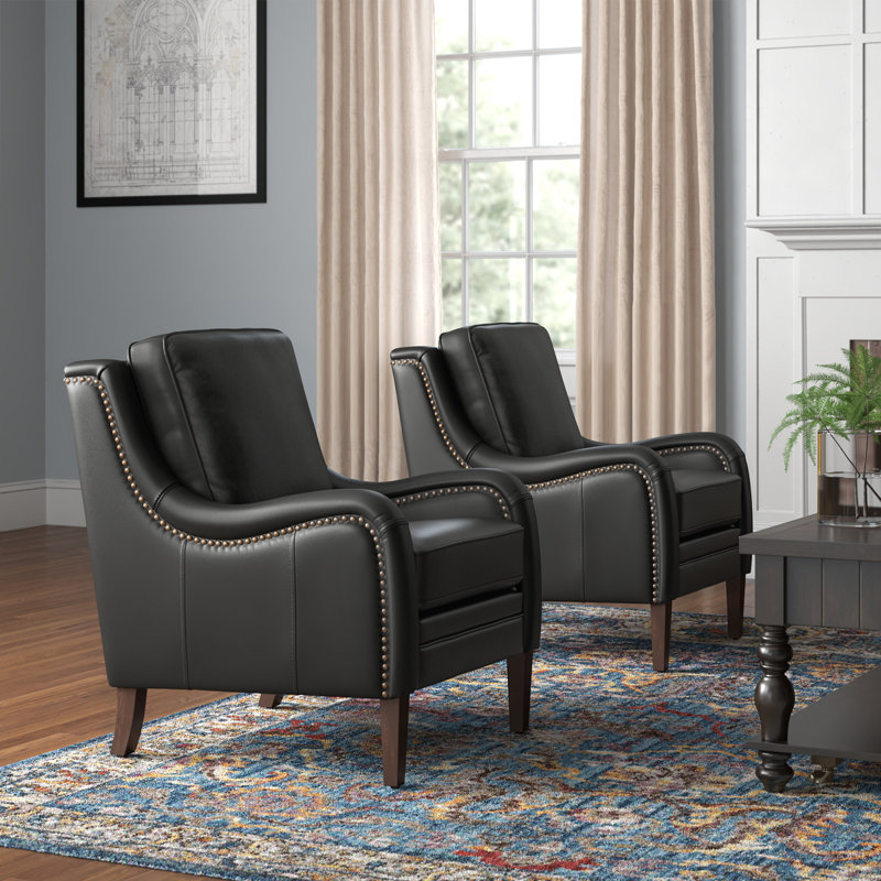 Amberlie 27.56" Wide Genuine Leather Arm Chair (Set of 2), Black Pebbled Faux Leather