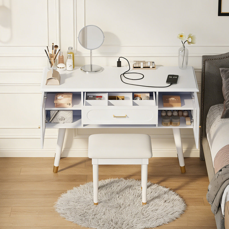 Elegant Vanity Makeup Table And Chair Set With Organizer, Charging Port, And Dual-Function Writing Desk., White