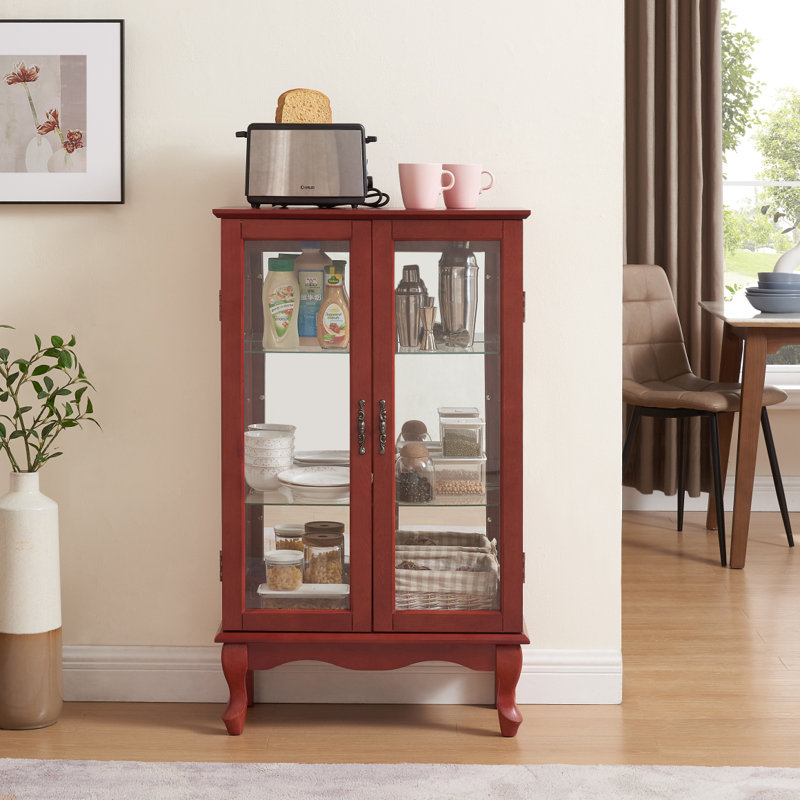 2 Doors Curio Cabinet With Tempered Glass Doors, Curio Cabinets With Mirrored Back Panel And Adjustable Shelves,Ed Display Cabinet For Home, Office Bulb Included 